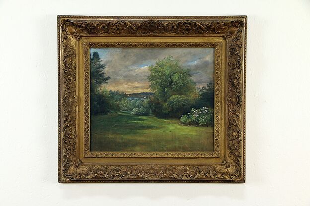 Clearing & Lake Original Oil Antique Painting, Gold Frame #33056 photo