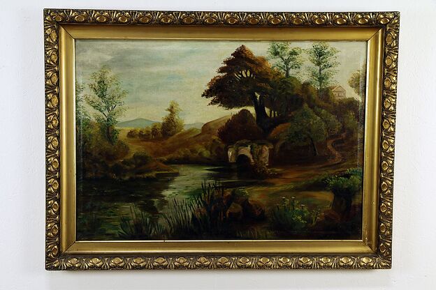 Victorian Antique River & Bridge Scene Large Oil Painting, Lazar 44"  #33137 photo