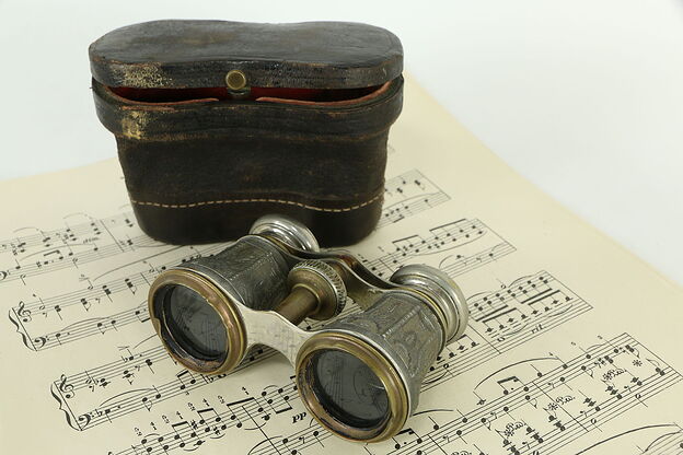 Opera Glasses Antique Engraved Pewter, Leather Case  #33173 photo