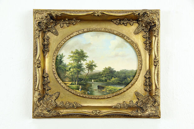 English River Scene, Original Oil Painting, Oval Gold Frame #33323 photo