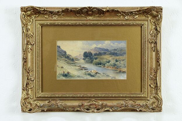 Mountain Stream Original Watercolor Painting, Gold Frame #33326 photo