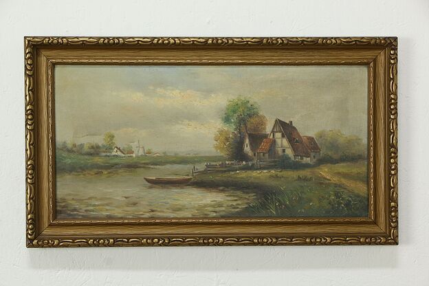 Cottage, Canoe & Windmill Original Antique Oil Painting #33387 photo