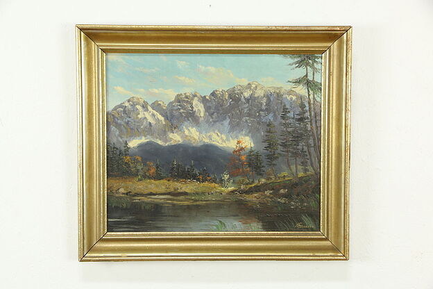 Mountain Scene with Lake, Antique Original Oil Painting, F. Becoer #33389 photo