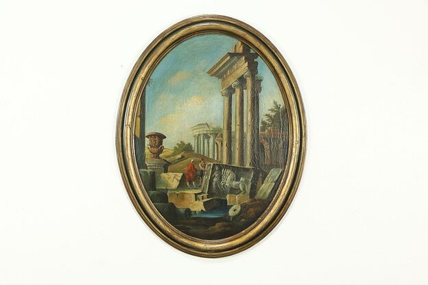 Classical Roman Ruins in Italy, Antique Original Oval Oil Painting #33390 photo
