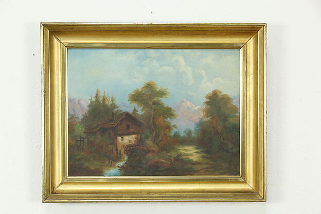Mill & Stream Antique Victorian Original Oil Painting on Canvas #33393 photo