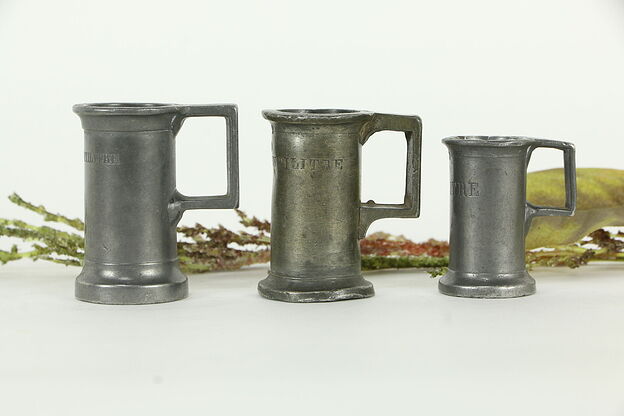 Set of 3 Antique French Pewter Tiny Centi Litre Tankard Mugs, Stamps A5 #33416 photo