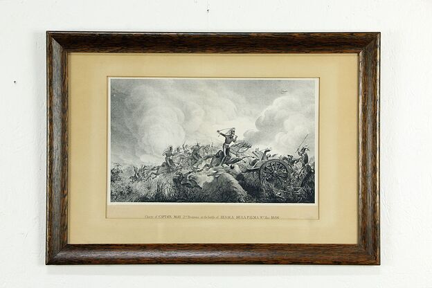 Resaca de la Palma 1846 Mexican War Litho Engraving, Signed, Oak Frame #33448 photo