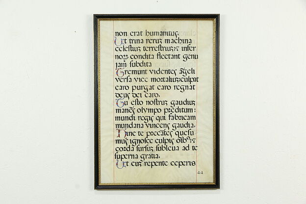 Musical Antique 1600's Latin Manuscript, Hand Painted on Vellum, Framed #33526 photo
