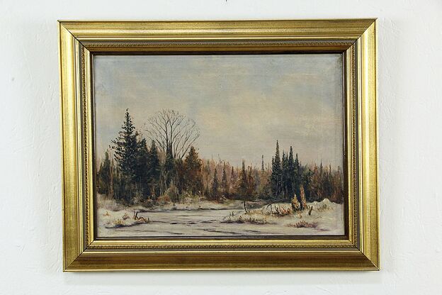 Pine Forest in Winter, Antique Original Oil Painting 20", Custom Frame #33530 photo
