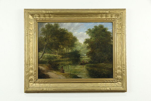 Fishing on a Stream 32" Antique 1910 Original Oil Painting on Canvas #33541 photo