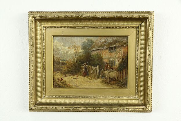 Victorian Farm Family with Donkey Antique English 16" Oil Painting #33542 photo