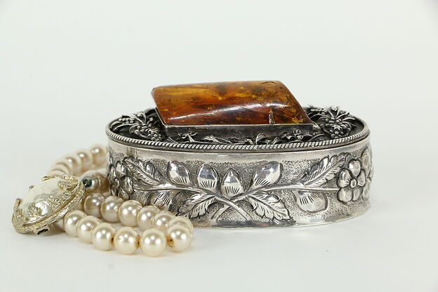 Sterling Silver Antique Jewelry Box with Genuine Amber Jewel #33577 photo