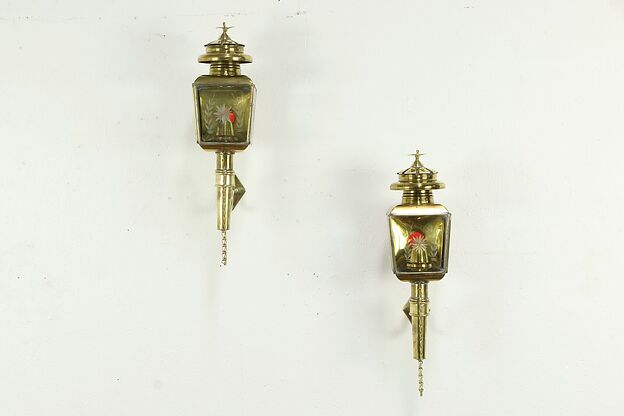 Pair of Antique English Brass Oil Carriage Lanterns, Cut Glass #33795 photo