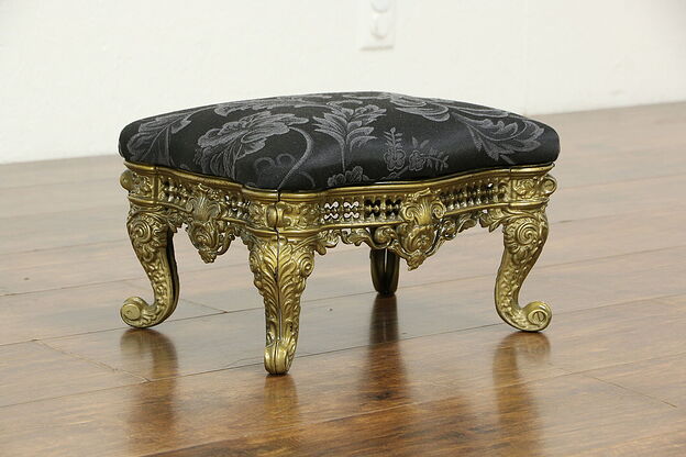 Victorian Design Vintage Cast Iron Foot Stool, New Upholstery #33570 photo