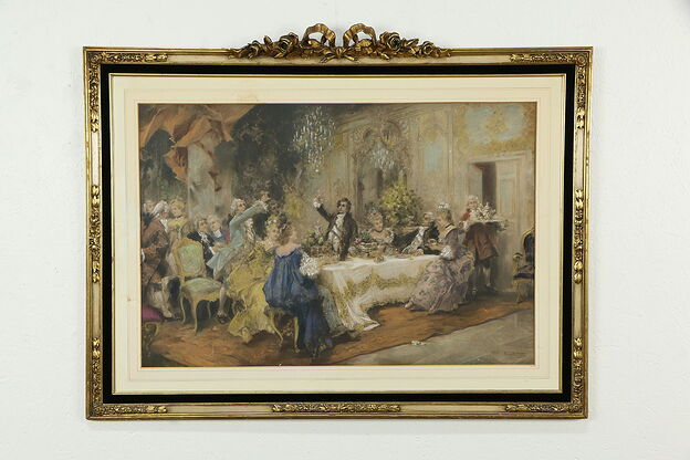 Painted Antique English Print of 18th Century Salon Scene Gold Frame 38"  #34335 photo