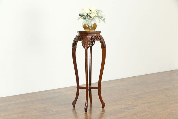 Carved Chinese Rosewood Vintage Plant Stand or Sculpture Pedestal, Marble #34348 photo