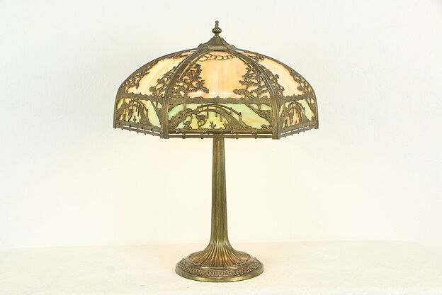 Curved Stained Glass Panel Shade Antique Lamp, Bridge & Bird Filigree #34171 photo