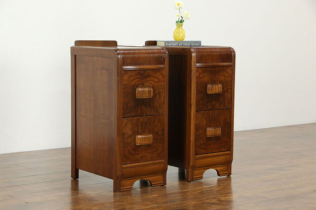 Pair of Vintage Art Deco Waterfall Nightstands or End Tables Carved Pulls #34551 photo