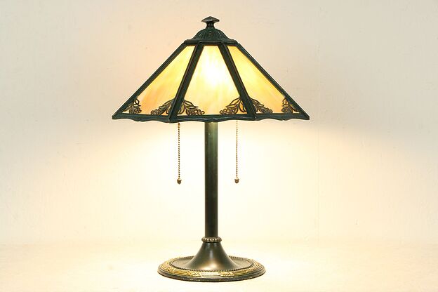 Stained Glass 6 Panel Shade Antique Lamp, Bradley & Hubbard #34593 photo