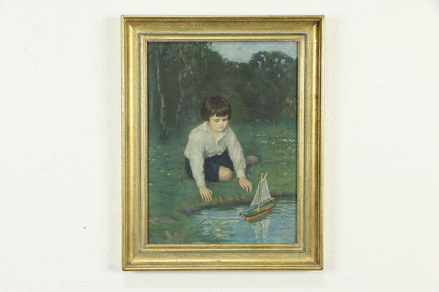 Young Mariner Antique Original Oil Painting, Gluecklich 19 1/2" #34681 photo