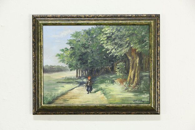 Walking on a Sun Dappled Path Vintage Original Oil Painting, Signed 19" #33604 photo