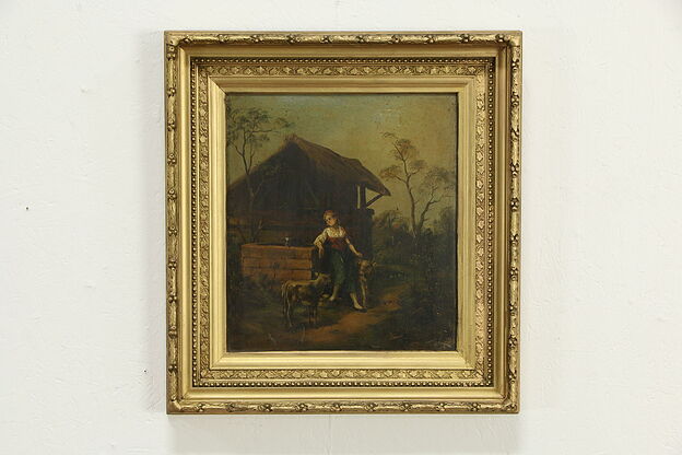 Young Farm Girl at a Well Antique Original Oil Painting Gaston 21" #33644 photo