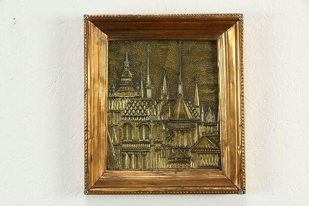 Gothic Towers Antique Hammered Bronze Plaque, Copper Frame #33733 photo