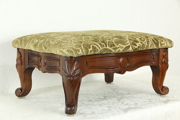 Victorian Antique Footstool, Carved Walnut, New Upholstery #34313 photo