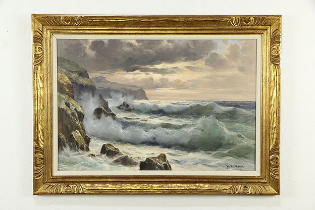 Raging Sea Vintage Original Oil Painting Signed Guido Odierna 44 1/2" #34370 photo