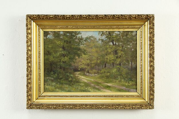Sunlit Path in the Forest Antique Original Oil Painting, Protz 23 1/2" #34543 photo