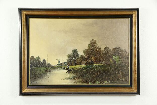 Dutch Farm & Stream Twilight Vintage Original Oil Painting W F Smith 42" #34728 photo