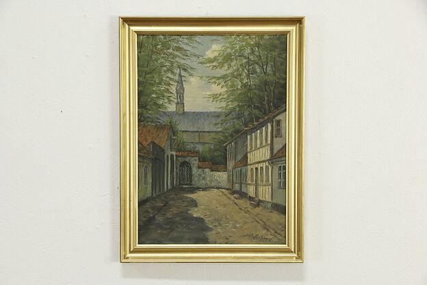 Village Church Scene Danish Original Oil Painting, Wallstrom 29" #34754 photo