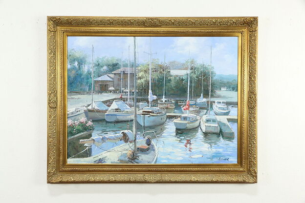 Summer Harbor & Sailboats Original Oil Painting on Canvas H. Cooper 58" #34776 photo