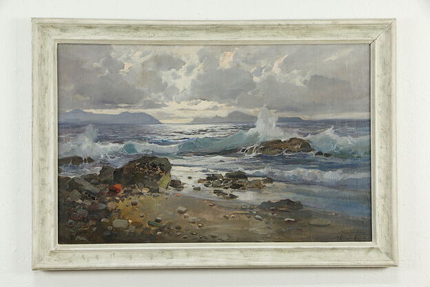 Crashing Waves & Shore, Original Vintage Oil Painting, John Giordano 38" #33631 photo
