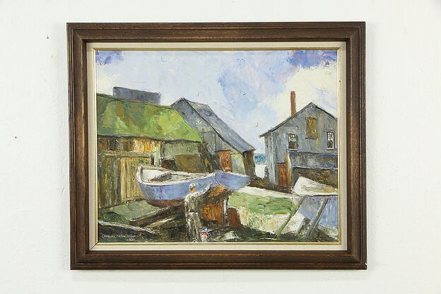 Boat Yard Gloucester Harbor Original Oil Painting '66 Lawrence Wilbur 24" #34536 photo