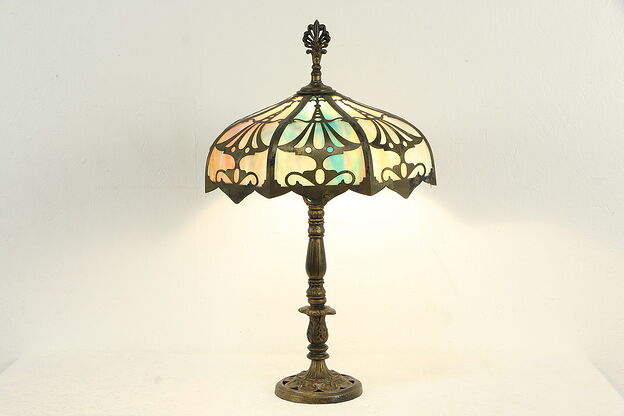 Curved Panel Stained Glass Shade Antique Lamp Hand Painted Base, Milcast #34707 photo