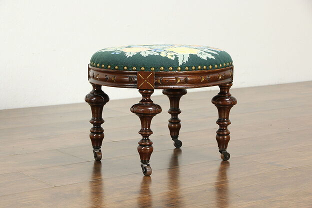 Victorian Antique Carved Walnut Footstool, Needlepoint Upholstery #34767 photo