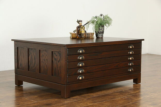 Oak Vintage Map Chest, Collector or Document File Coffee Table #35029 photo
