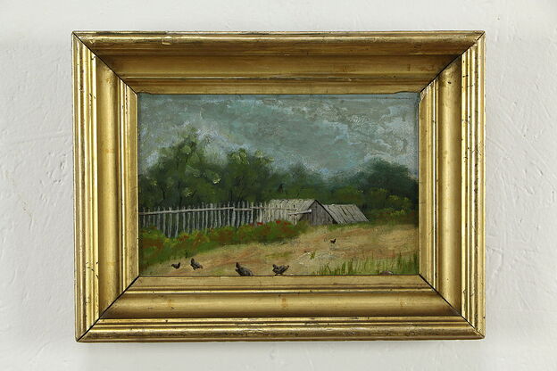 Farm Scene with Chickens Original Antique Oil Painting, Boston Canvas 12" #35047 photo