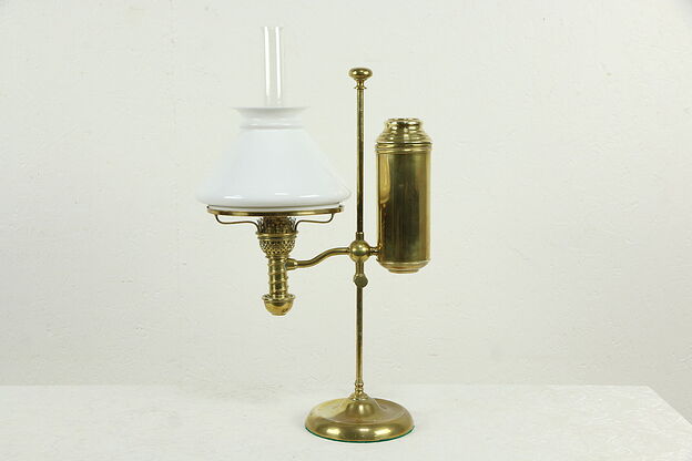 Victorian Brass Antique Student Desk Oil Kerosene Lamp, Milk Glass Shade #35117 photo