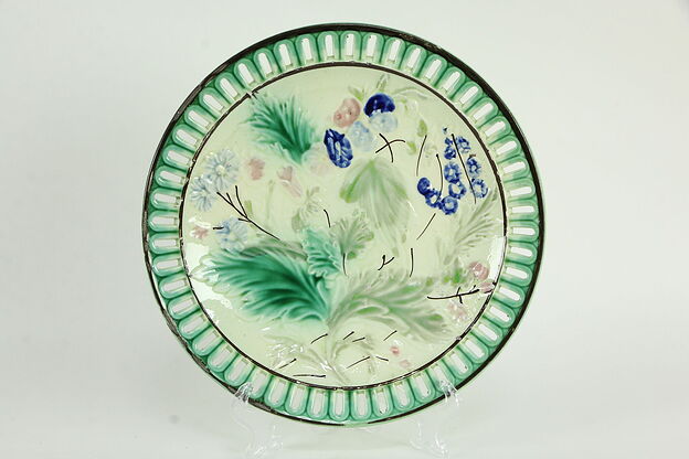 Majolica Antique Hand Painted Embossed Pierced 8" Plate #35284 photo
