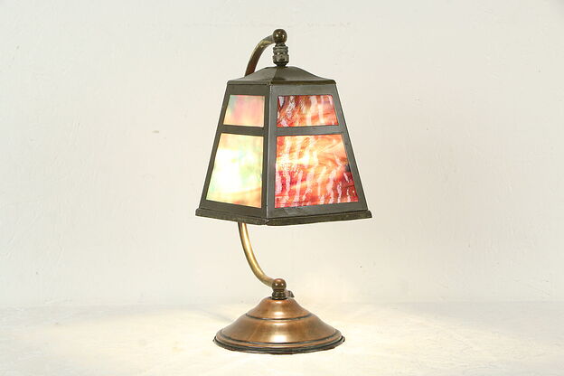 Arts & Crafts Mission Antique Brass Lamp, Stained Glass Craftsman Shade #34947 photo