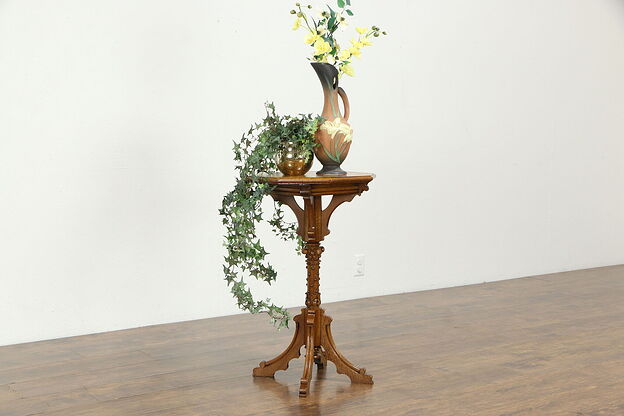 Victorian Antique Oak Marquetry Sculpture Pedestal Table or Plant Stand #35072 photo