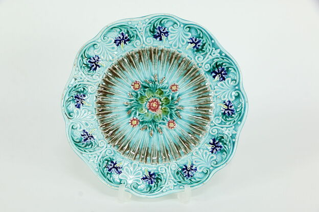 Victorian Antique Majolica Flower Plate, 7 3/4" Round, Signed U&CS #35539 photo