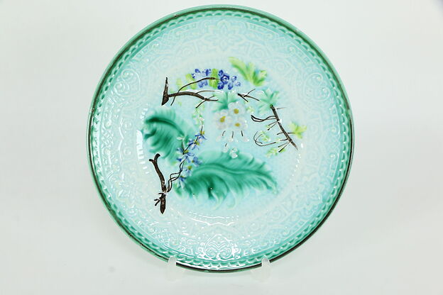 Victorian Antique Majolica Leaf and Flower Plate, 7 3/4" Round, Signed  #35541 photo