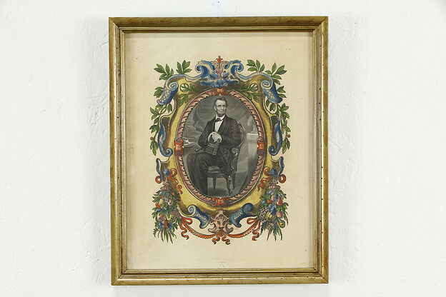 Portrait of Pres. Abraham Lincoln, Antique Hand Colored Engraving 14"  #33594 photo