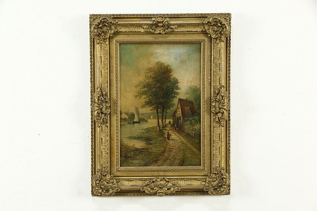 Riverbank Scene in France Antique Original Oil Painting Signed J Dorn 26" #33601 photo