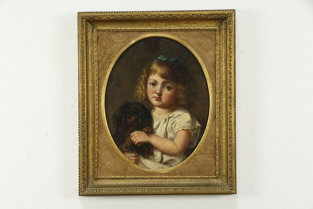 Victorian Antique English Original Oil Painting, Girl & Dog 28"  #34682 photo