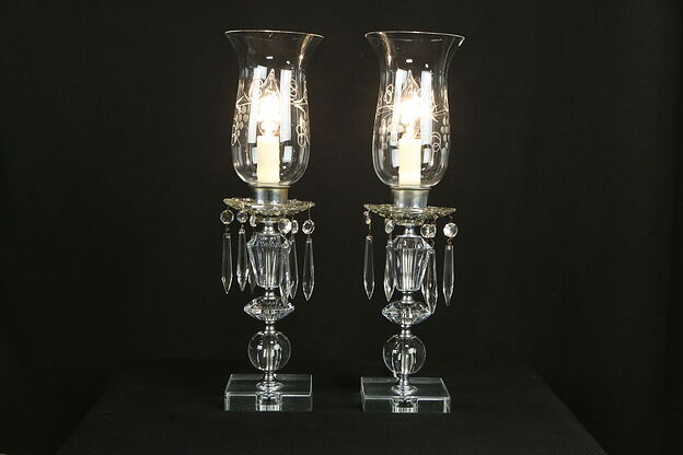 Pair of Vintage Glass Boudoir Lamps, Hurricane Shades, Crystal Prisms #34853 photo