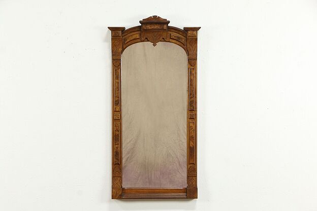 Victorian Eastlake Antique 1880 Carved Walnut & Burl Hall Mirror  #35012 photo